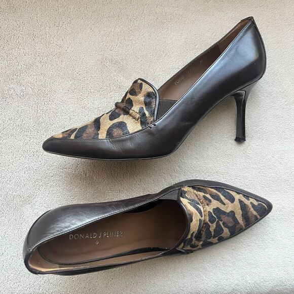 Donald Pliner Toro Brown Leather & Leopard Pony Fur Women’s 9 Heels Pointed Toe - Picture 3 of 16